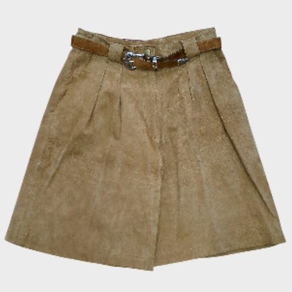 Equipt Tan Luxury Genuine Suede Leather Pleated Belted Shorts Women’s Size 9/10 - Picture 1 of 9